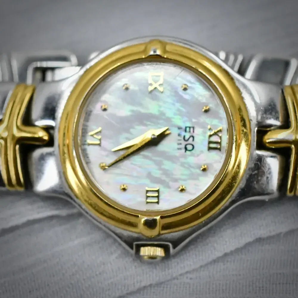 Vintage ESQ Movado Womens Watch Two Tone Mother of Pearl Dial Date